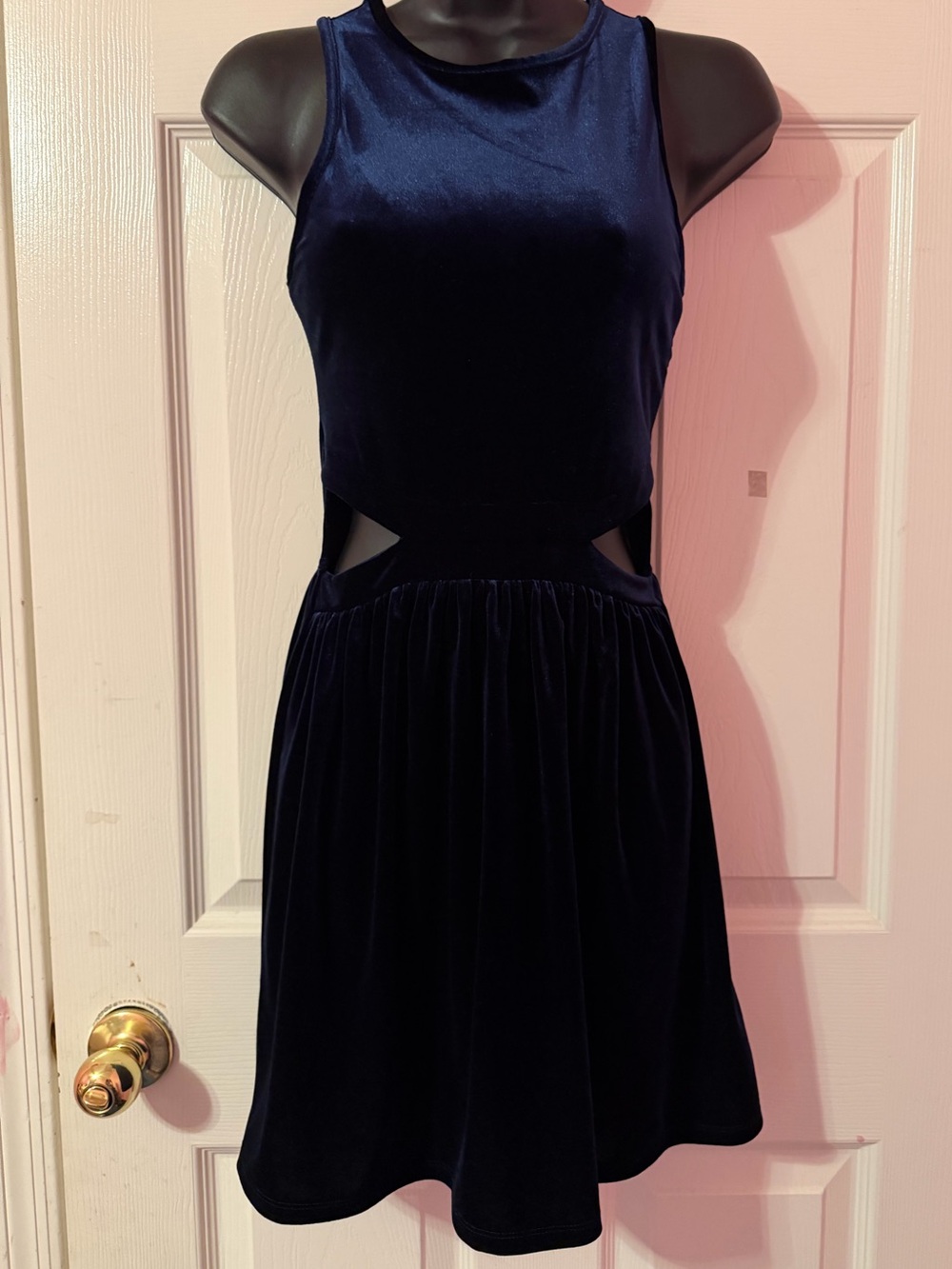 ONE CLOTHING NAVY BLUE VELVET CUT-OUT SLEEVELESS STRETCH SKATER DRESS SZ-XS